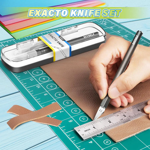 Exacto Knife Set With Case, 12 Piece Precision Craft Knife Kit with 11 Blades used on leather with ruler on cutting mat.