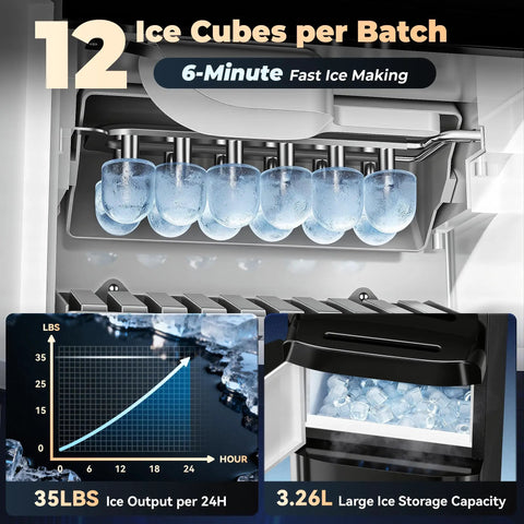 Fast ice maker feature of 4-In-1 Water Dispenser With Ice Maker For Home And Office Hot Cold And Room Temp Water Plus Fast Ice Top Loading 2 To 5 Gallon Bottle Fit Child Safety Lock Space Saving Water Cooler with ice cubes and storage capacity.