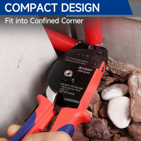 All-In-One PEX Cinch Tool Kit With Remover No-Fuss One-Hand Crimping Tool used in tight space with red PEX pipes.