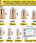 405 Piece Metric Rivet Nut Kit With M3 To M12 UNC Flat Head Nutserts in metal zinc plated carbon steel, with storage case
