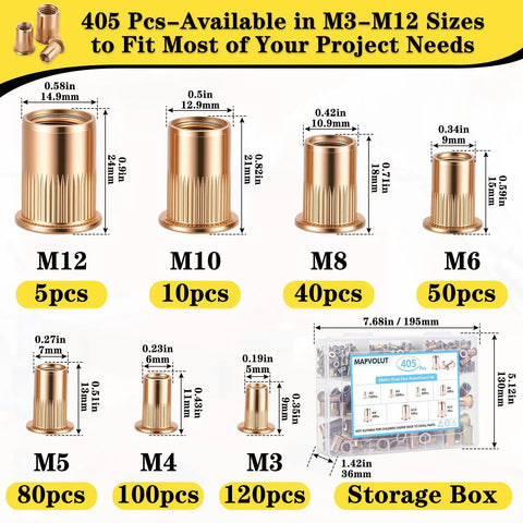405 Piece Metric Rivet Nut Kit With M3 To M12 UNC Flat Head Nutserts in metal zinc plated carbon steel, with storage case