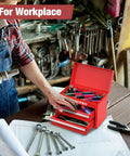 Mini Metal Tool Box With Two Drawers And Top Storage, Cold Rolled Steel Chest in workshop setting with tools