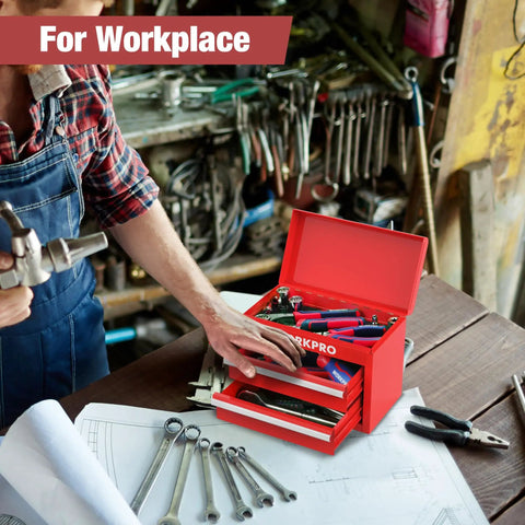 Mini Metal Tool Box With Two Drawers And Top Storage, Cold Rolled Steel Chest in workshop setting with tools