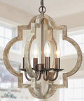 Handmade Wood Farmhouse Orb Chandelier With Four Lights, Openwork Quatrefoil Frame, Distressed Brown Wood And Bronze Rust Arms