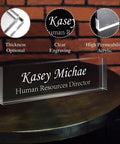 Custom Engraved Desk Name Plate In Acrylic, Personalized Office Name Plate For Boss, Manager, Teacher Or Employee, shown on a desk.
