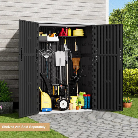 Outdoor Vertical Storage Shed 57 Cu Ft Waterproof Resin Cabinet For Garden Patio Backyard Lockable And Weather Resistant Storage Solution For Mowers Long Tools Patio Furniture And Pool Gear