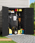 Weatherproof Resin Outdoor Storage Cabinet, 57 Cu Ft Vertical Shed with open doors showing patio and garden tools, black, UV protected