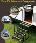 Heavy Duty Rv Entry Steps With Sturdy Handrail Four Step Camper Stairs For Travel Trailers Fifth Wheels And Mobile Homes No Fuss Setup Total Campground Game Changer on grass.