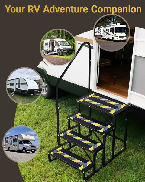 Heavy Duty Rv Entry Steps With Sturdy Handrail Four Step Camper Stairs For Travel Trailers Fifth Wheels And Mobile Homes No Fuss Setup Total Campground Game Changer on grass.