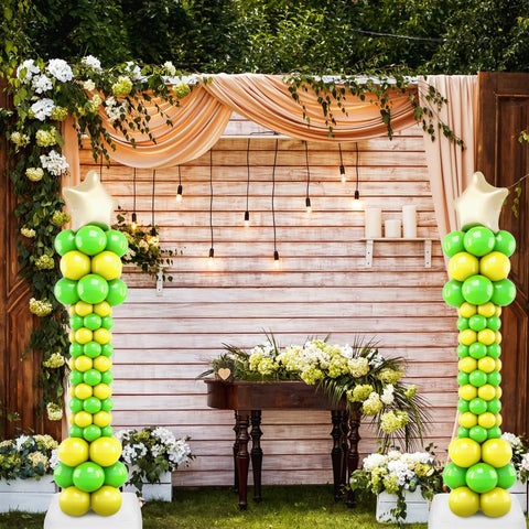 NUOBESTY balloon pillar kit: four adjustable balloon columns in green and yellow with star toppers and stable bases