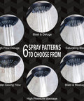 6 Function High Pressure Handheld Shower Kit With Hose And Mount Easy Install Boost Low Water Pressure For Baths In Oil Rubbed Bronze Finish Easy Installation With Universal Fit And Durable Brass Build For Longevity, showing six spray patterns.