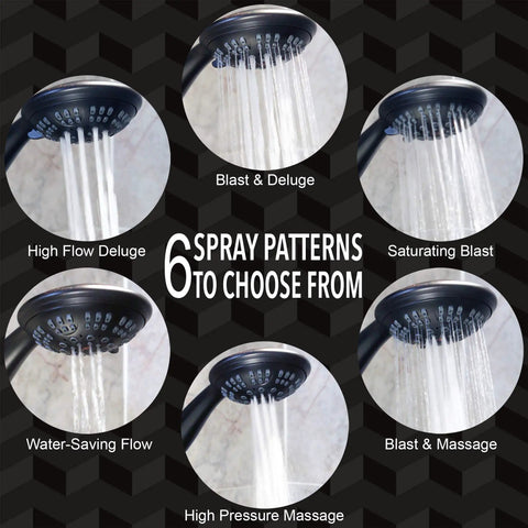 6 Function High Pressure Handheld Shower Kit With Hose And Mount Easy Install Boost Low Water Pressure For Baths In Oil Rubbed Bronze Finish Easy Installation With Universal Fit And Durable Brass Build For Longevity, showing six spray patterns.