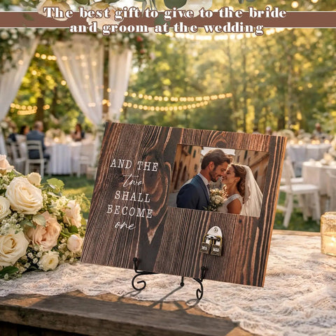 Top Tier Wooden Picture Frame For Wedding Unity Ceremony With Sweet Retro Love Locks And Keys Fits 4X6 Photos Dope Romantic Keepsake Gonna Last Forever Engagement Gift displayed outdoors with couple's photo.