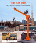 VEVOR 1100 Lb Electric Truck Crane For Pickup Bed with steel structure lifting a concrete block at a construction site.