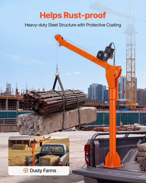 VEVOR 1100 Lb Electric Truck Crane For Pickup Bed with steel structure lifting a concrete block at a construction site.