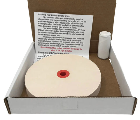 Leather Honing Wheel For 6 Inch Bench Grinders And Polishers, Durable Stacked Leather Buff Wheel 3/4 Inch Thick in box
