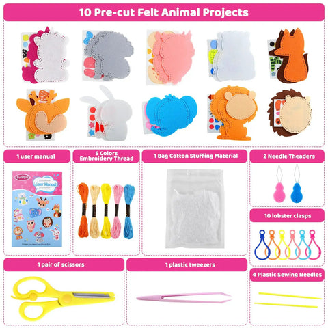 Kids Sewing Kit For Beginners With 10 Easy DIY Felt Animal Projects And Guiding Book, includes felt pieces, threads, needles, scissors.