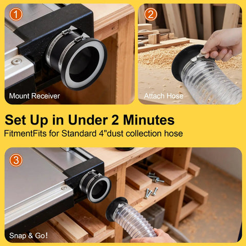 Magnetic Dust Collection Fittings For 4 Inch Shop Vacuums With Mag Port Connector And 2 Couplers installed on woodworking tools