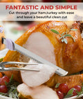 Prikoi Electric Carving Knife For Meat Slicing, dual stainless blades slicing turkey with easy grip handle on platter.