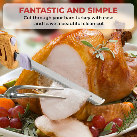Prikoi Electric Carving Knife For Meat Slicing, dual stainless blades slicing turkey with easy grip handle on platter.