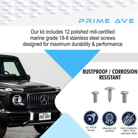 Stainless Steel License Plate Screws Set For Front And Rear Mounting, Rust Proof License Plate Hardware, Mercedes Benz Compatible, 12 Pack, Precision Threads For A Tight All Weather Grip displayed with vehicle and product details.