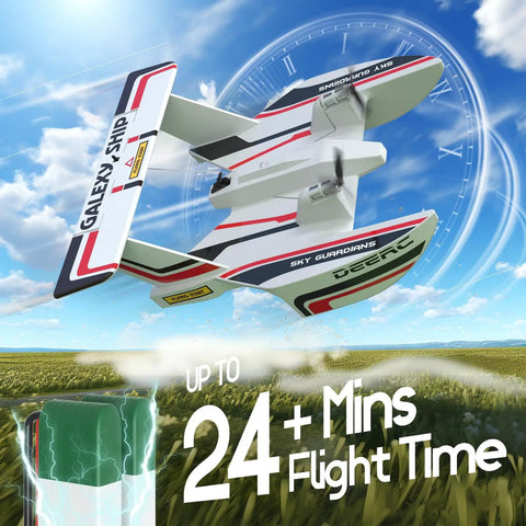 Amphibious RC Plane For Water Land And Air, 3 Channel Remote Control Glider With Dual Batteries flying over a grassy field