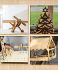 Unfinished basswood sheets for laser cutting; 4 crafts: airplane, layered Christmas tree, city skyline, birdhouse.