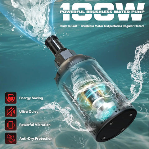 Kick Water Out Fast Heavy Duty Cordless Submersible Water Pump Dropping 1268 Gph Brushless Electric Sump Pump with powerful motor in water.
