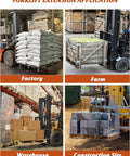 Pair of 96-inch orange forklift pallet extensions on forks; heavy-duty, factory, farm, warehouse and construction sites