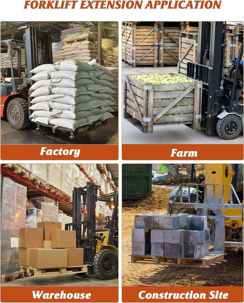 Pair of 96-inch orange forklift pallet extensions on forks; heavy-duty, factory, farm, warehouse and construction sites