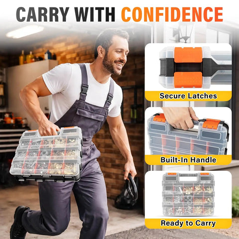 Man carrying Double Sided 34 Compartment Tool Organizer With Clear Lid Grab And Go Four Pack Adjustable Dividers.