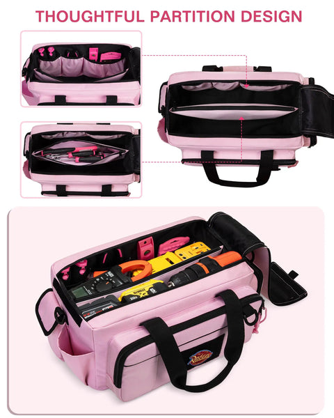 No Fuss Pink Tool Bag For Women Featuring A Spacious 16 Inch Storage Layout With Stretch Pouches To Quickly Toss In Drills Wrenches And Pliers For Stress Free Job Site Organization