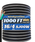 Rock Solid 16 Awg 4 Conductor SJOOW Cable 1000 Foot Roll coiled with copper cores for industrial use and power extension.