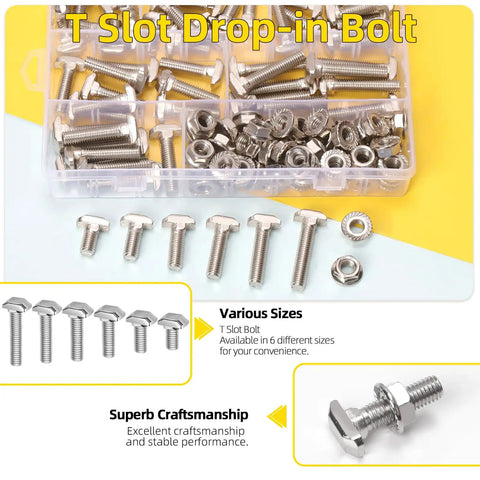 40 Series M8 T Slot Drop In Bolts Set With Hammer Head Pro Grade M8x16mm-M8x40mm Flange Nut for Aluminum Extrusion 60 Piece Kit
