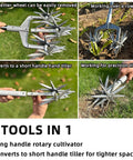 Rotary Cultivator For Your Garden With Adjustable Hand Tiller Detachable Solid Metal Tines 2 In 1 Manual Garden Cultivator For Loosening And Mixing Soil Great For Reseeding Grass 58 Inch Reach shown in multiple uses