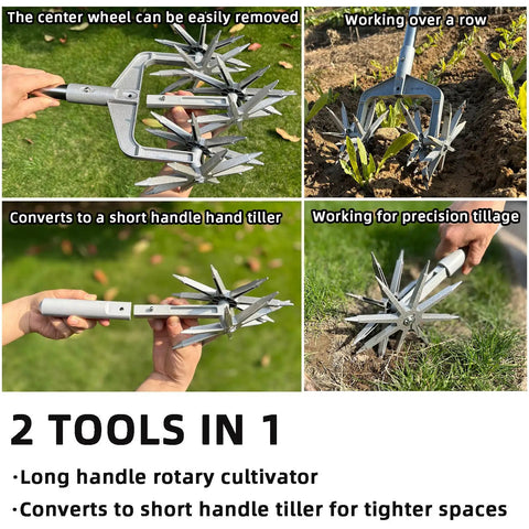 Rotary Cultivator For Your Garden With Adjustable Hand Tiller Detachable Solid Metal Tines 2 In 1 Manual Garden Cultivator For Loosening And Mixing Soil Great For Reseeding Grass 58 Inch Reach shown in multiple uses