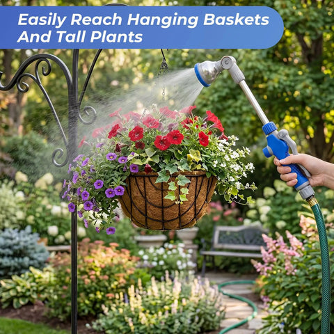 Using Two Pack Watering Wand With Nine Adjustable Spray Patterns, 16-Inch Metal Hose Nozzle on hanging basket in garden