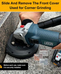 All-In-One Angle Grinder Dust Shroud 4.5 and 5 Inch With Diamond Concrete Grinding Wheel in use, shown on corner surface