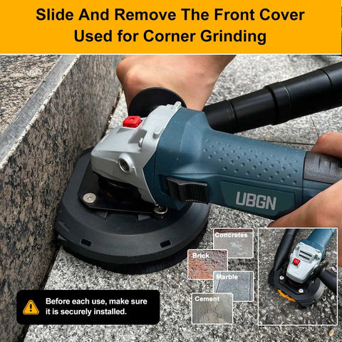 All-In-One Angle Grinder Dust Shroud 4.5 and 5 Inch With Diamond Concrete Grinding Wheel in use, shown on corner surface