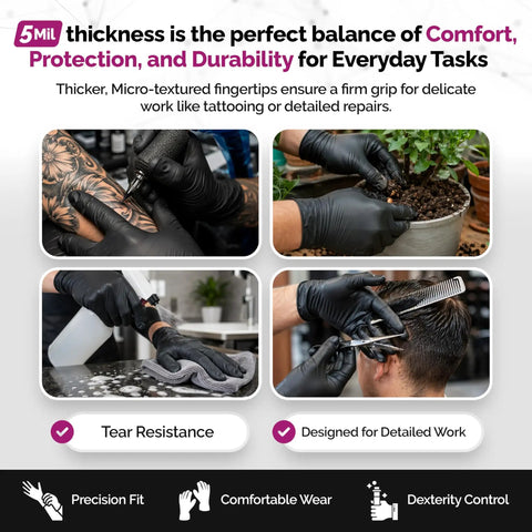 Tough As Nails Black Nitrile Gloves With Top Tier Chemical Resistance And Advanced Tear Protection For Law Enforcement Medical Labs And Industrial Settings Built Different Smooth Grip Technology, used in tattooing, gardening, cleaning, and hair cutting.