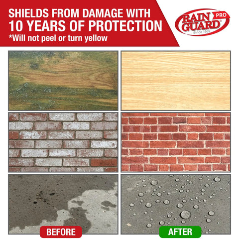 Heavy Duty Water Repellent Concentrate Makes Ten Gallons Deep Penetrating Sealant For Wood Concrete And Masonry Surfaces shows before and after images of wood and brick treatment.