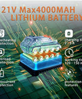21V Max 4000mAh lithium battery with icons showing overheating, overload, overcurrent protection, and charge time for Cordless 21V Weed Eater With Stringless Design 3 Blade Types Dual 4000mAh Batteries Fast Charge 3 In 1 Electric Yard Brush Cutter For Lawn And Garden Ready To Tackle