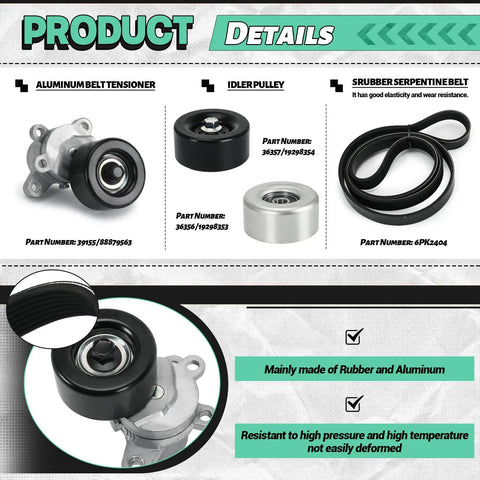 Nissan 3 5L V6 Serpentine Drive Belt Tensioner Kit With Pulley For Altima 2007 2012 Maxima 2009 2015 Murano 2009 2014 Replacement 39155 36356 36357 K070669 DIY Friendly aluminum tensioner, idler pulleys, and serpentine belt