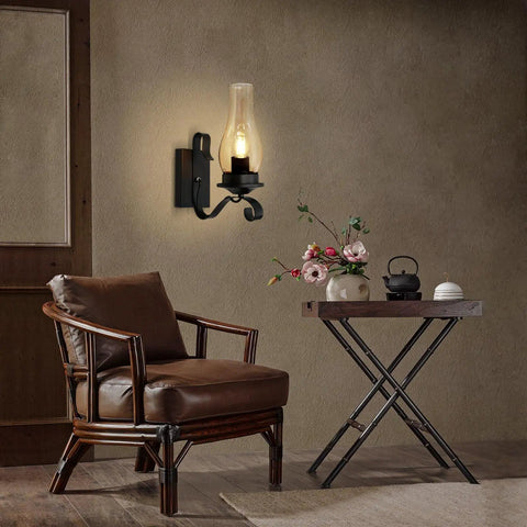 Cozy Farmhouse Style Wall Sconces Set Of Two LED Bulb Included Amber Glass Black Metal Wall Mounted Light Fixture in living room