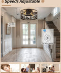 Straight Up Farmhouse Ceiling Fan With Integrated Lights And Remote Control Rustic Black Caged Fandelier featuring bear and deer design in a cozy living space.