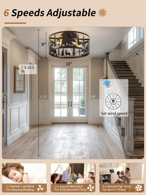 Straight Up Farmhouse Ceiling Fan With Integrated Lights And Remote Control Rustic Black Caged Fandelier featuring bear and deer design in a cozy living space.