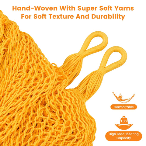 Close-up of yellow soft rope on Extra Large Mayan Hammock With Soft Rope Comfort, 156 Inch Wide Outdoor Swing Bed, dual hooks visible