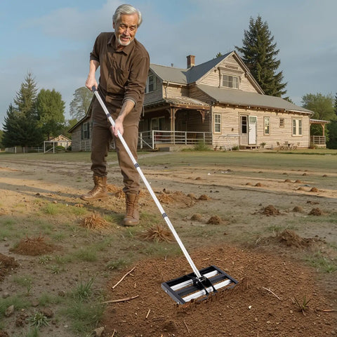Person using Updated Lawn Leveling Rake With Roller 17 Inch By 10 Inch Stainless Steel Lawn Leveler on a yard