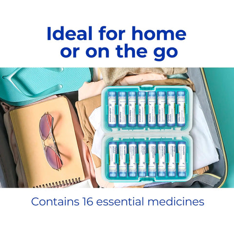 On The Go Travel First Aid Kit With Homeopathic Medicines In A Compact Case With 16 Boiron single medicines, open view in suitcase
