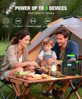 Family camping with Portable Power Station 330W Peak 600W Solar Generator 288Wh next to tent and table setup